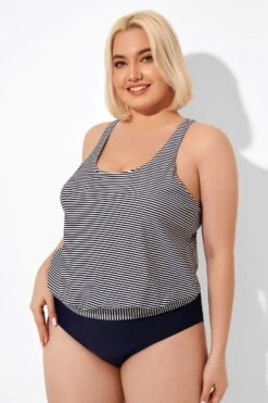 Stripes Racerback Round Neck Blouson Tankini Top -Meetcurve Shop b detan003009 3