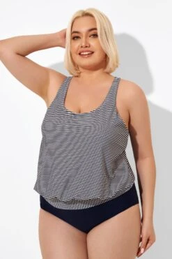 Stripes Racerback Round Neck Blouson Tankini Top -Meetcurve Shop b detan003009 4