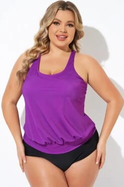Purple Scoopneck Control Blouson Women Tankini Top -Meetcurve Shop b detan003010 4