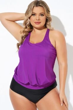 Purple Scoopneck Control Blouson Women Tankini Top -Meetcurve Shop b detan003010 5