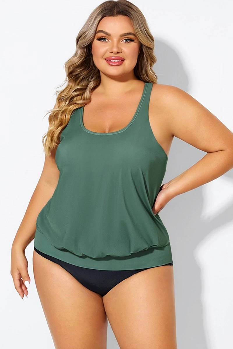 Army Green Racerback Tummy Control Blouson Tankini Top 3 Army Green Racerback Tummy Control Blouson Tankini Top