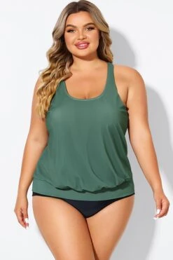 Army Green Racerback Tummy Control Blouson Tankini Top 10 Army Green Racerback Tummy Control Blouson Tankini Top -Meetcurve Shop b detan003011 3