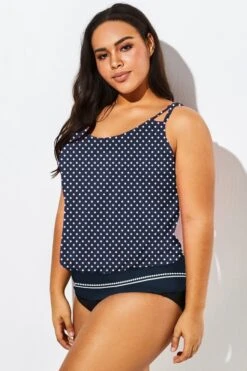Navy Polka Dots Side Tie Blouson Tankini Top -Meetcurve Shop b detan010004 33
