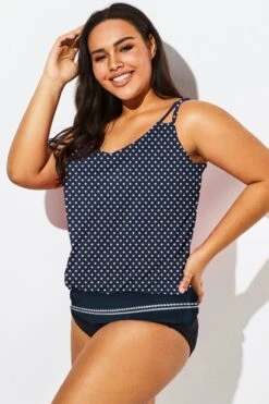 Navy Polka Dots Side Tie Blouson Tankini Top -Meetcurve Shop b detan010004 44