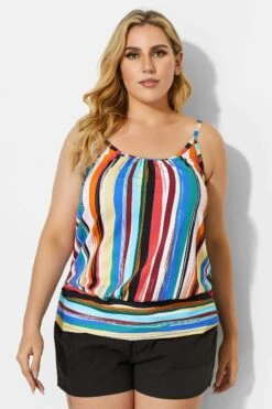 Fashionable Technicolor Draped Blouson Tankini Top -Meetcurve Shop b detan011001t 1
