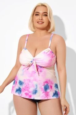 Tie Dye Tie Front Tankini Top For Lady -Meetcurve Shop b detan024002 3