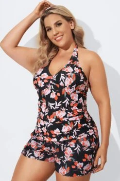 Floral Printed Self-tie Halter Shirred Tankini Set -Meetcurve Shop b detan027003 4