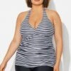 Plus Size Striped V-Neck Halterneck Shirred Tankini Top 1 Plus Size Striped V-Neck Halterneck Shirred Tankini Top -Meetcurve Shop b detan027009 1