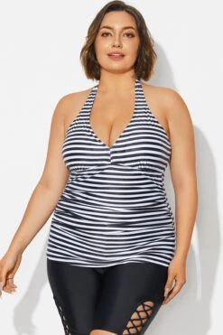 Plus Size Striped V-Neck Halterneck Shirred Tankini Top