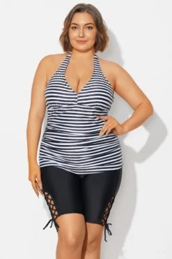 Plus Size Striped V-Neck Halterneck Shirred Tankini Top -Meetcurve Shop b detan027009 4