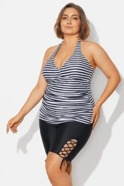 Plus Size Striped V-Neck Halterneck Shirred Tankini Top -Meetcurve Shop b detan027009 5