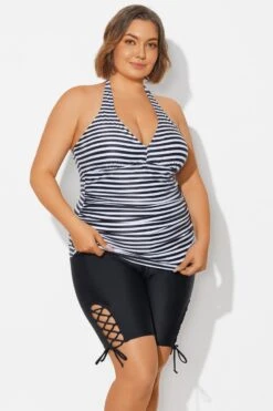 Plus Size Striped V-Neck Halterneck Shirred Tankini Top -Meetcurve Shop b detan027009 6