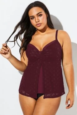 Wine Flyaway Flowy Twist Front Tankini Top -Meetcurve Shop b detan030002 33