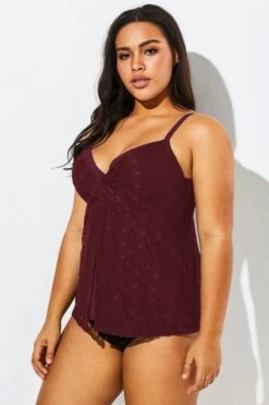 Wine Flyaway Flowy Twist Front Tankini Top -Meetcurve Shop b detan030002 44