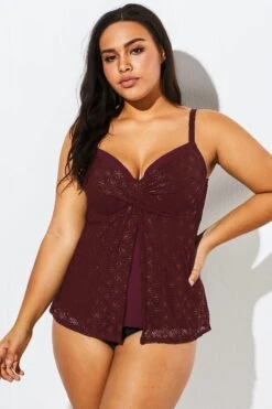 Wine Flyaway Flowy Twist Front Tankini Top -Meetcurve Shop b detan030002 66