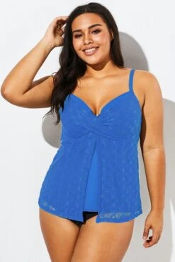 Blue Twist-front Sweetheart Neckline Tankini Top