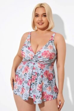 Flower Print V-Neck Underwire Elegant Tankini Top -Meetcurve Shop b detan049003 3