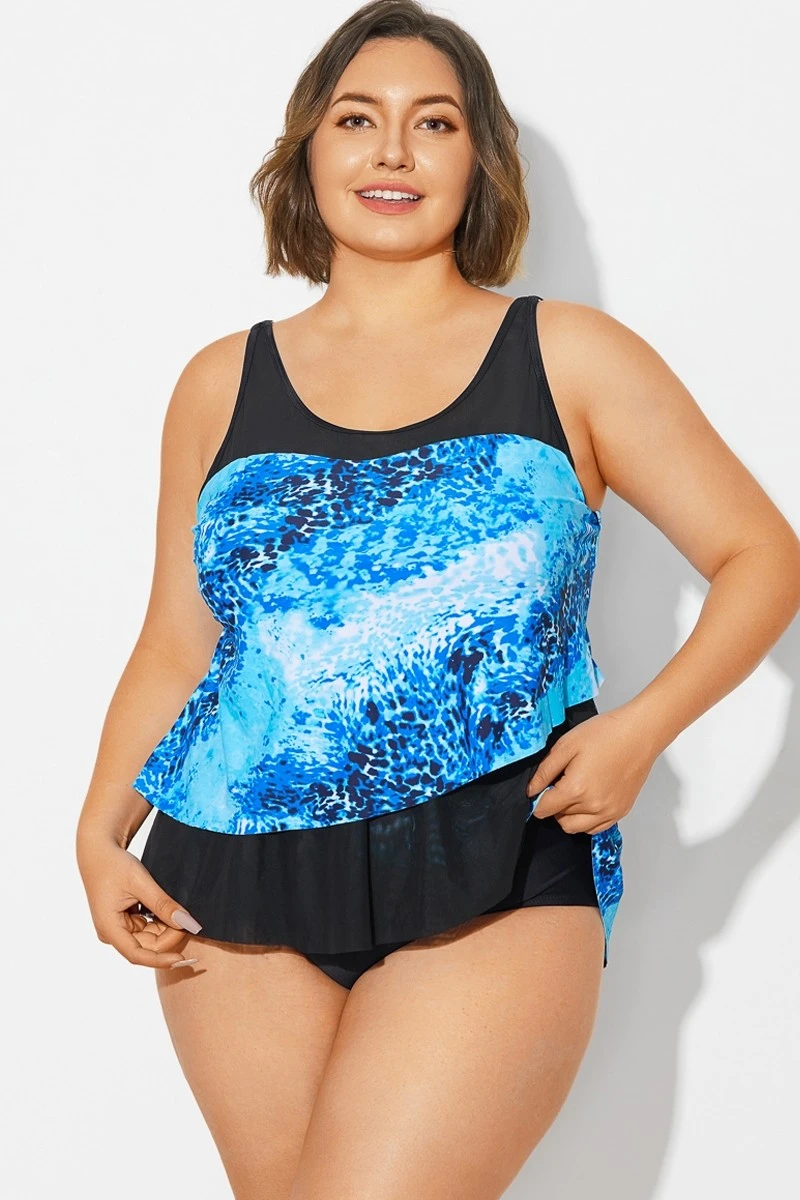 Plus Size Sea Pattern Scoop Neck Tankini Top 3 Plus Size Sea Pattern Scoop Neck Tankini Top