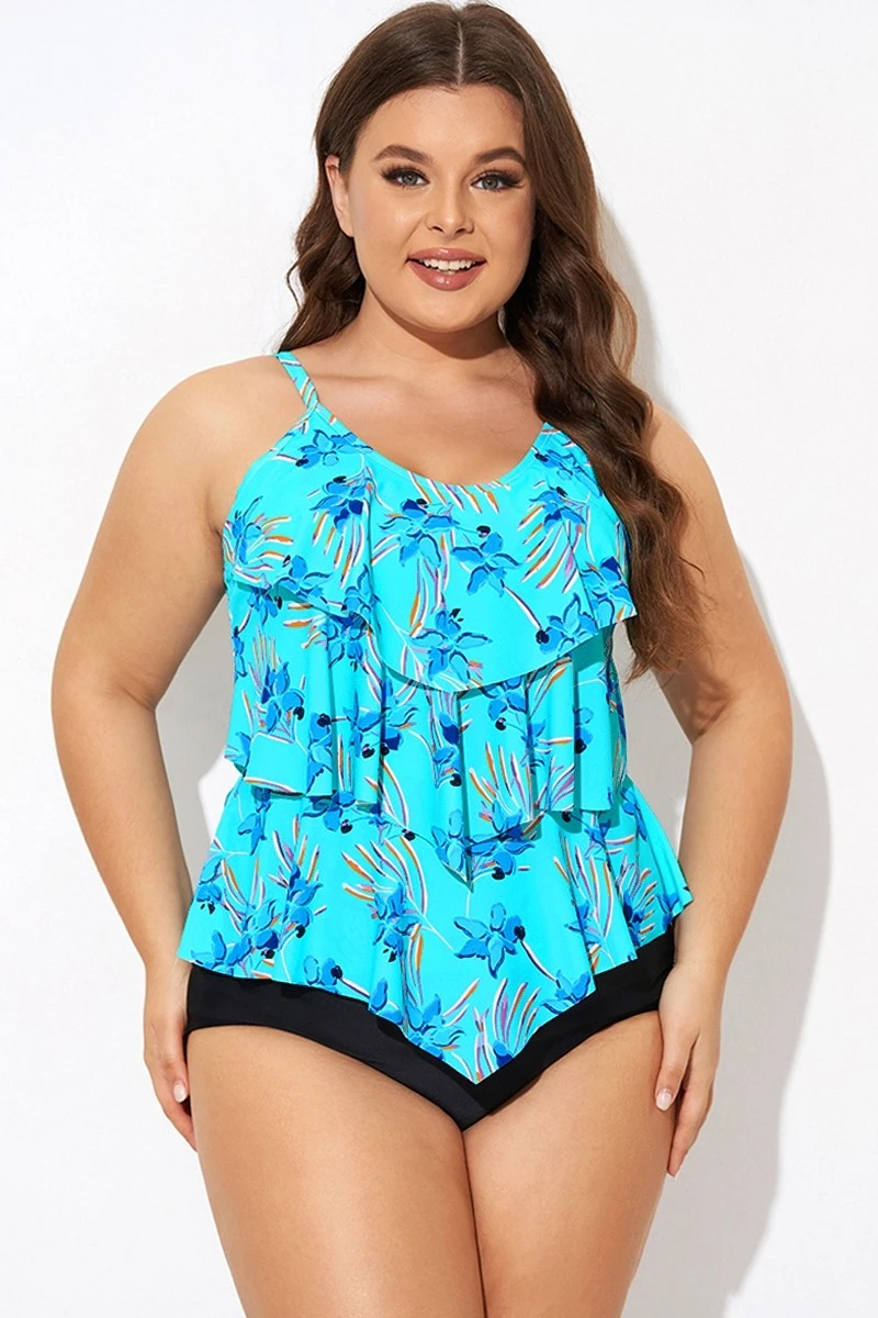 Flower Printed V-neck Ruffle Women Tankini Top 3 Flower Printed V-neck Ruffle Women Tankini Top