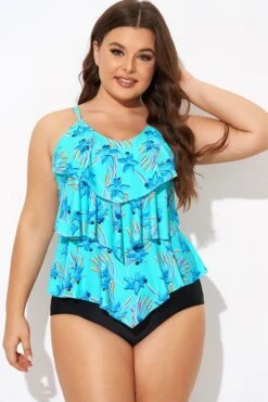 Flower Printed V-neck Ruffle Women Tankini Top 10 Flower Printed V-neck Ruffle Women Tankini Top -Meetcurve Shop b detan076007 3 1