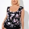 Floral Printed Adjustable Tankini Top With Sleeves -Meetcurve Shop b detan092001 1