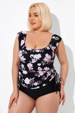 Floral Printed Adjustable Tankini Top With Sleeves -Meetcurve Shop b detan092001 3