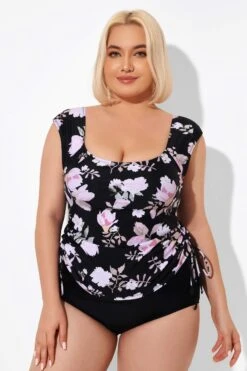 Floral Printed Adjustable Tankini Top With Sleeves -Meetcurve Shop b detan092001 4