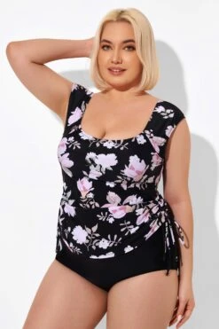 Floral Printed Adjustable Tankini Top With Sleeves -Meetcurve Shop b detan092001 5