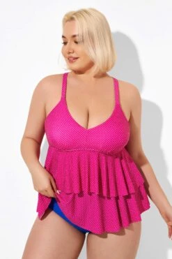 Pink V-neck Tankini Top With Ruffled Hem -Meetcurve Shop b detan122001 3
