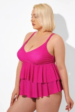 Pink V-neck Tankini Top With Ruffled Hem -Meetcurve Shop b detan122001 4