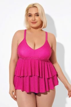 Pink V-neck Tankini Top With Ruffled Hem -Meetcurve Shop b detan122001 6