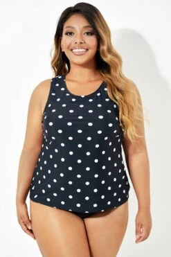 Black Fashionable Polka Dot Coverage Tankini Top -Meetcurve Shop b detan125001 3