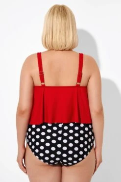 Red Ruched Flounce U-neck Blouson Tankini Top -Meetcurve Shop b detan129001 2