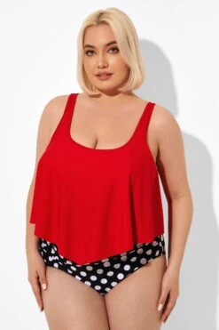 Red Ruched Flounce U-neck Blouson Tankini Top -Meetcurve Shop b detan129001 4