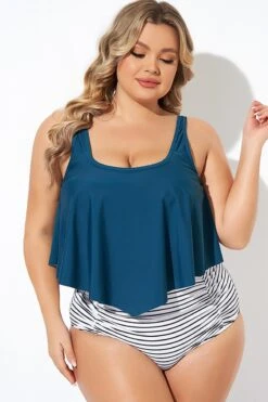 Blue Scoopneck Ruched Flounce Blouson Tankini Top -Meetcurve Shop b detan129002 5