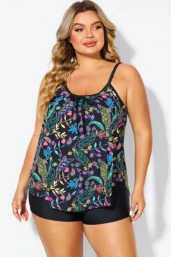 Black Spaghetti Strap Floral Print Tankini Top -Meetcurve Shop b detan158002 4