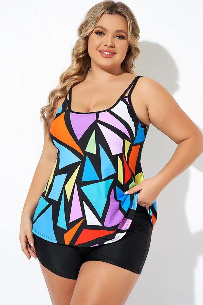 Colorful Adjustable Strap Geometric Print Tankini Top 3 Colorful Adjustable Strap Geometric Print Tankini Top