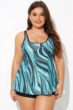 Vintage Cyan Double Straps Polka Dot Tankini Top -Meetcurve Shop b detan167002 1