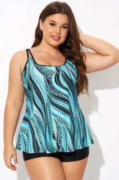 Vintage Cyan Double Straps Polka Dot Tankini Top -Meetcurve Shop b detan167002 3