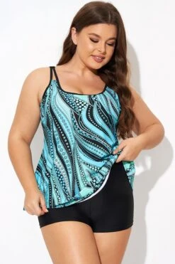 Vintage Cyan Double Straps Polka Dot Tankini Top -Meetcurve Shop b detan167002 4