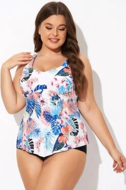 Flower Printed Racerback V Neckline Tankini Top -Meetcurve Shop b detan169001 3