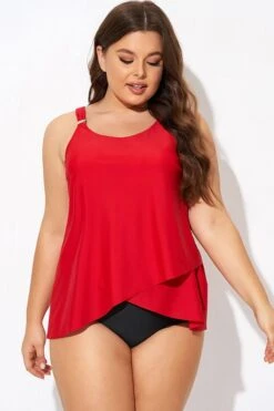 Solid Red Flowy Front Full Straight Back Tankini Top