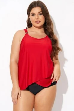 Solid Red Flowy Front Full Straight Back Tankini Top -Meetcurve Shop b detan170001 3