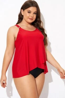 Solid Red Flowy Front Full Straight Back Tankini Top -Meetcurve Shop b detan170001 6