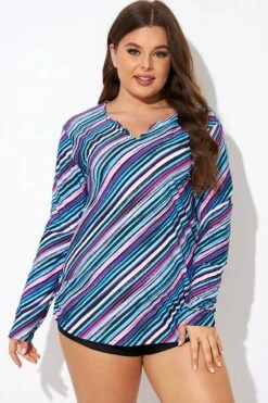 Multi Watercolor Stripe Split-Neck Long Sleeve Tankini Top -Meetcurve Shop b detan173001 3