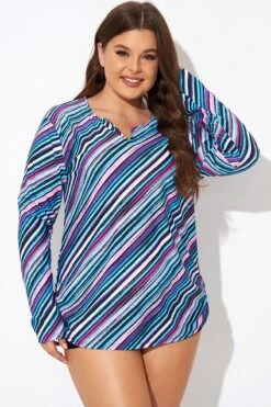 Multi Watercolor Stripe Split-Neck Long Sleeve Tankini Top -Meetcurve Shop b detan173001 5