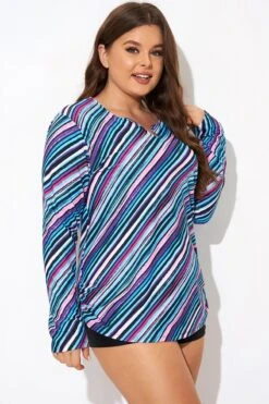 Multi Watercolor Stripe Split-Neck Long Sleeve Tankini Top -Meetcurve Shop b detan173001 6