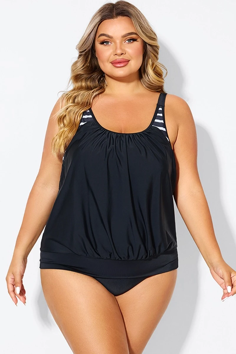 Black & White Striped Drawstring Side Tankini Top 3 Black & White Striped Drawstring Side Tankini Top