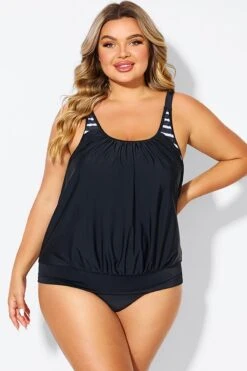 Black & White Striped Drawstring Side Tankini Top 10 Black & White Striped Drawstring Side Tankini Top -Meetcurve Shop b detan175002 3