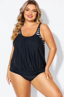 Black & White Striped Drawstring Side Tankini Top 11 Black & White Striped Drawstring Side Tankini Top -Meetcurve Shop b detan175002 4